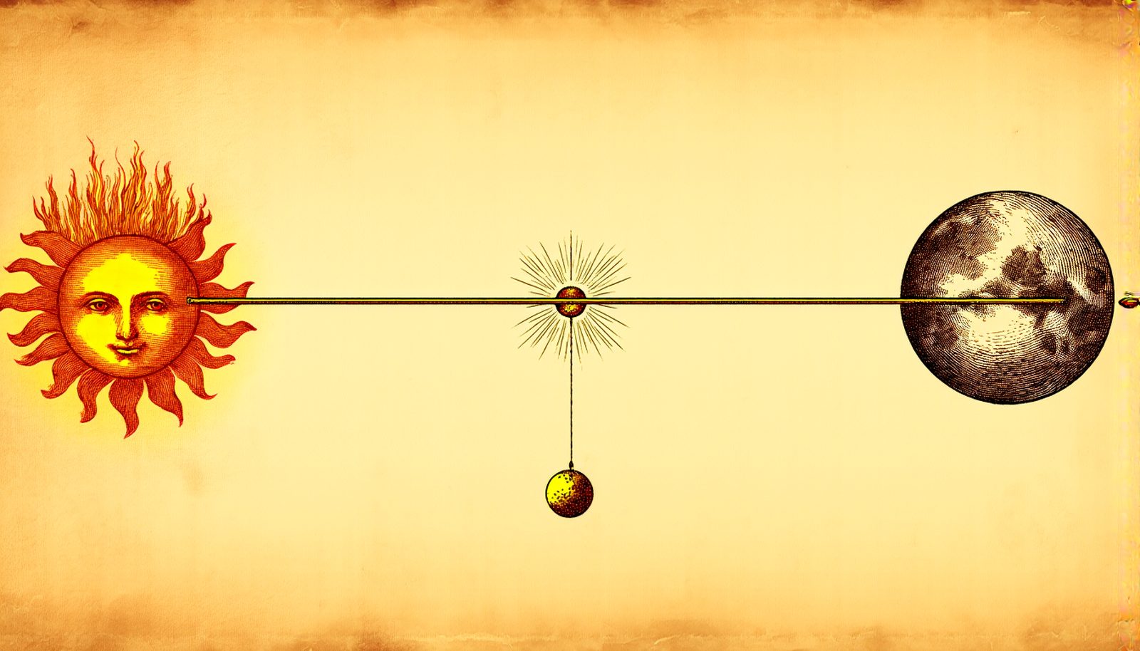 A sun and a moon joined by one golden rod, a pendulum hanging from a radiant center point