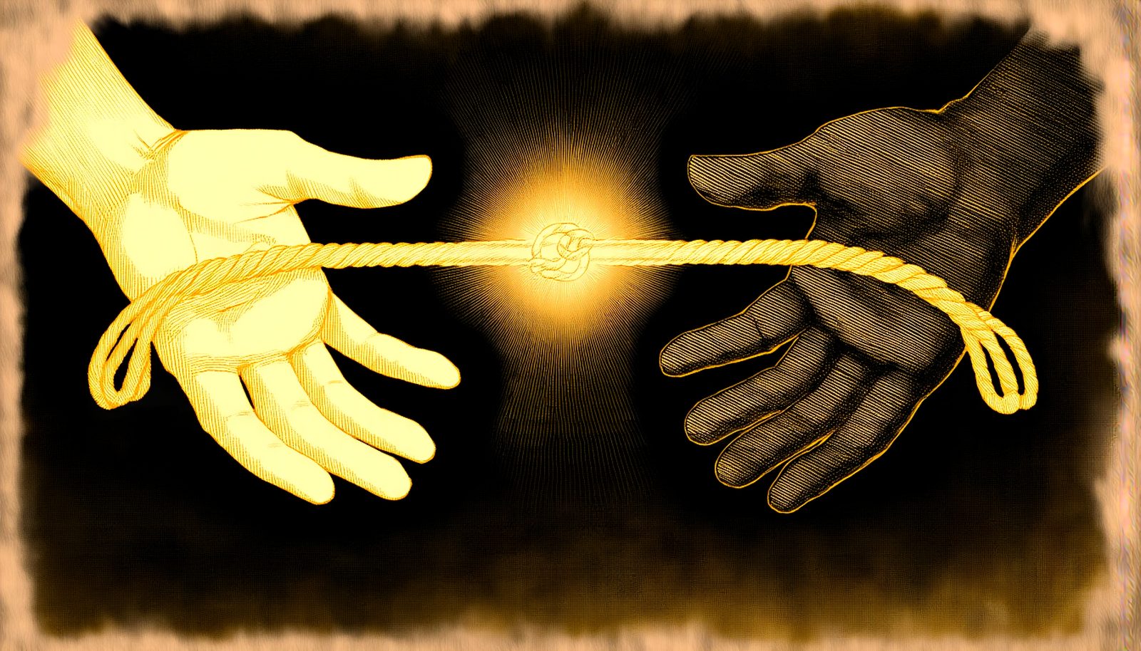 A lit hand and a shadowed hand holding one golden cord with a glowing knot at its center