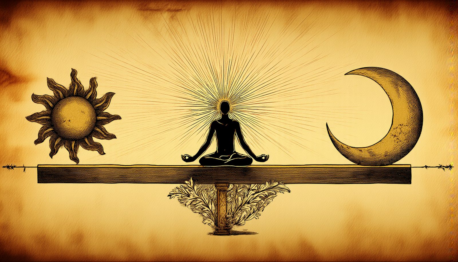 A seated figure meditating at the center of a level beam, a sun on one end and a moon on the other